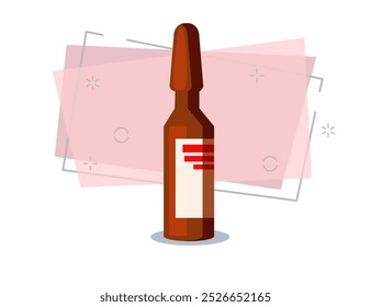 Ampoule with sticker. Brown glass, vial, injection. Medication concept. Vector illustration can be used for topics like vaccination, cure, therapy