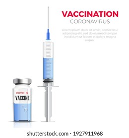 Ampoule and syringe with Covid-19 vaccine. Coronavirus vaccination banner. Vector illustration.