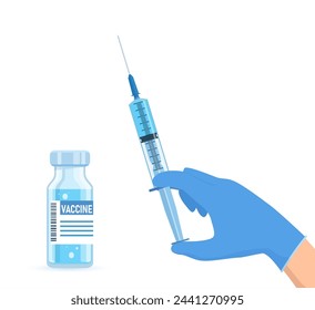 Ampoule and syringe with medicament. Coronavirus covid 19 vaccination concept. Injection syringe needles. Medical equipment. Healthcare, hospital and medical diagnostics.