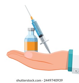 Ampoule and syringe with medicament in hand of doctor. Vaccination concept. Injection syringe needles. Medical equipment. Healthcare, hospital and medical diagnostics. Flat vector illustration