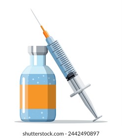 Ampoule and syringe with medicament. Vaccination concept. Injection syringe needles. Medical equipment. Healthcare, hospital and medical diagnostics. Vector illustration in flat style