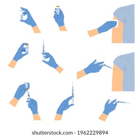 Ampoule with vaccine or medicine and doctors hands with syringe. Medical staff giving an injection. Vaccination concept. Preventive medicine, treatment. Set of flat cartoon vector illustrations