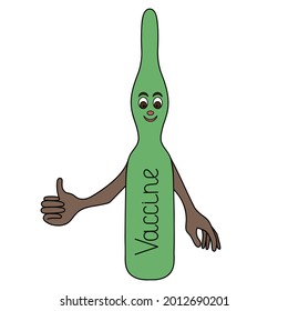 Ampoule with a vaccine. Shows thumb up. A gesture that means what you like. Glass container with medicine. Colored vector illustration. A tube with a liquid preparation.