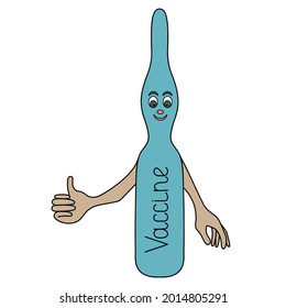 Ampoule with a vaccine. Shows thumb up. A gesture that means what you like. Glass container with medicine. Colored vector illustration. A tube with a liquid preparation.