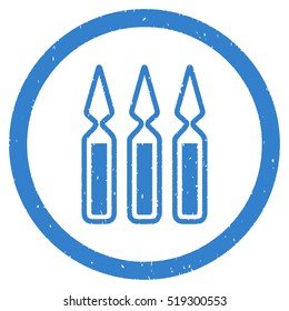 Ampoules grainy textured icon inside circle for overlay watermark stamps. Flat symbol with dirty texture. Circled dotted vector cobalt ink rubber seal stamp with grunge design on a white background.