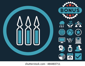 Ampoules icon with bonus design elements. Vector illustration style is flat iconic bicolor symbols, blue and white colors, dark blue background.