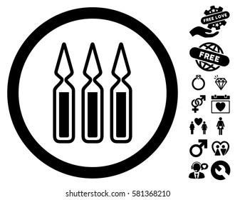 Ampoules icon with bonus love pictograph collection. Vector illustration style is flat iconic black symbols on white background.
