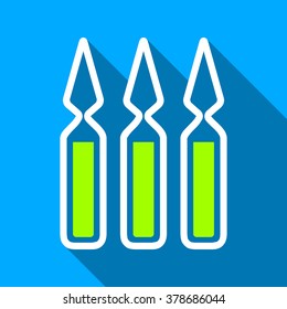 Ampoules long shadow vector icon. Style is a flat light symbol with rounded angles on a blue square background.