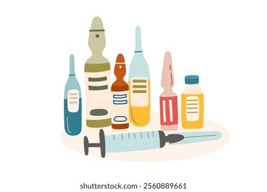 Ampoules of medicine and a syringe. The concept of medicine, treatment and vaccination. Vector flat clipart.