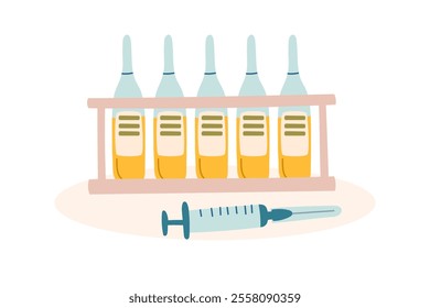 Ampoules of medicine and a syringe. The concept of medicine and vaccination. Vector flat clipart. 