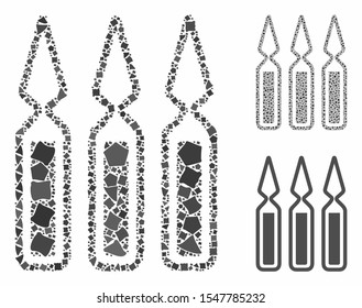 Ampoules mosaic of irregular parts in variable sizes and color hues, based on ampoules icon. Vector raggy parts are composed into collage. Ampoules icons collage with dotted pattern.