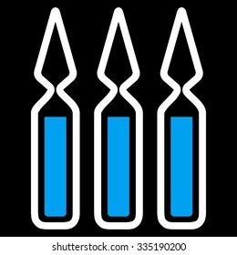Ampoules vector icon. Style is bicolor flat symbol, blue and white colors, rounded angles, black background.