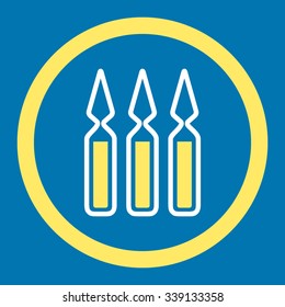 Ampoules vector icon. Style is bicolor flat rounded symbol, yellow and white colors, rounded angles, blue background.