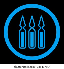 Ampoules vector icon. Style is flat rounded symbol, blue color, rounded angles, black background.