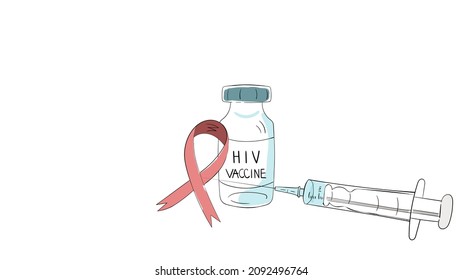 Ampule with HIV AIDS vaccine and syringe and red ribbon vector illustration in sketch hand-drawn style