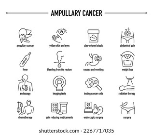 Ampullary Cancer symptoms, diagnostic and treatment vector icon set. Line editable medical icons.