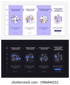 Razones de miembro amputado a bordo de la plantilla vectorial. Sitio web móvil de respuesta con iconos. Recorrido de páginas Web 4 pantallas de paso. Trastornos, concepto de modo nocturno de lesiones con ilustraciones lineales