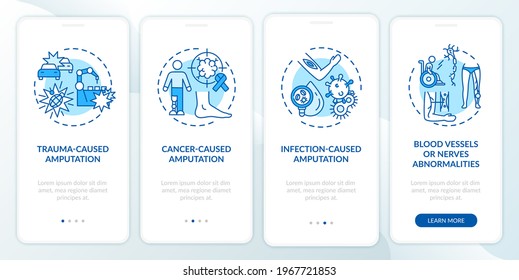 Amputation causes onboarding mobile app page screen with concepts. Tumor, blood vessels damage walkthrough 4 steps graphic instructions. UI, UX, GUI vector template with linear color illustrations