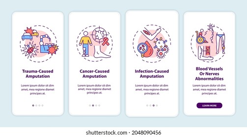 Amputation causes onboarding mobile app page screen with concepts. Trauma, cancer, infection walkthrough 4 steps graphic instructions. UI, UX, GUI vector template with linear color illustrations