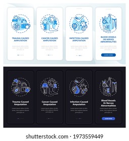 Amputation motives onboarding mobile app page screen with concepts. Cancer, infection walkthrough 4 steps graphic instructions. UI, UX, GUI vector template with linear night mode illustrations