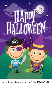 Amputee Boy And Wheelchair Girl On Halloween Costumes. Disabled Children Dressed As Pirate And Witch. Vector Illustration