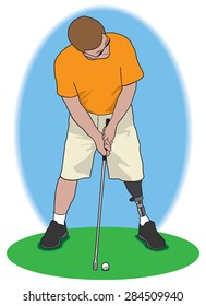 Amputee golfer about to attempt a long putt