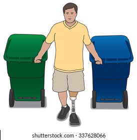 Amputee homeowner pulling trash cans
