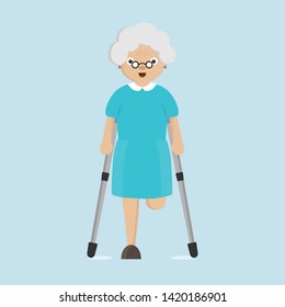 Amputee senior woman on crutches.