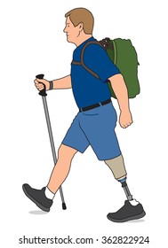 Amputee with walking stick and backpack taking a hike