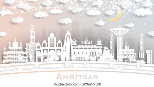 Amritsar India City Skyline in Paper Cut Style with White Buildings, Moon and Neon Garland. Vector Illustration. Travel and Tourism Concept. Amritsar Cityscape with Landmarks.