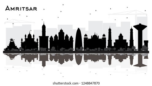 Amritsar India City Skyline Silhouette with Black Buildings Isolated on White. Vector Illustration. Business Travel and Tourism Concept with Historic Architecture. Amritsar Cityscape with Landmarks.