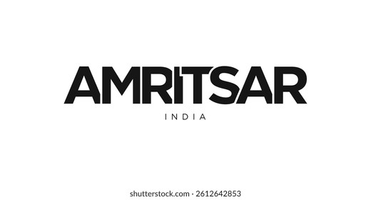 Amritsar in the India emblem. The design features a geometric style, vector illustration with bold typography in a modern font. The graphic slogan lettering.