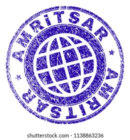 AMRITSAR stamp print with grunge effect. Blue vector rubber seal print of AMRITSAR caption with grunge texture. Seal has words placed by circle and planet symbol.