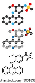 Amsacrine cancer drug molecule (DNA intercalating agent). Conventional skeletal formula and stylized representations.
