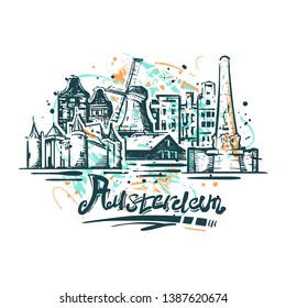 Amsterdam abstract color drawing. Amsterdam sketch vector illustration isolated on white background.