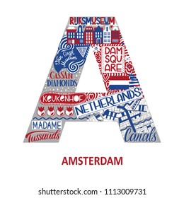 Amsterdam abstract sight map. National color. City alphabet typography. Vector illustration