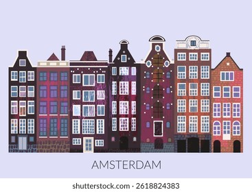 Arquitetura estilo cidade antiga de Amsterdã. Casas de canal coloridas. Holanda viajar fundo. Rua edifício fachadas linha. Cartão de férias romântico.