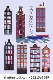 Arquitetura estilo cidade antiga de Amsterdã. Casas de canal coloridas definidas. Holanda viajar fundo. Rua edifício fachadas linha. Para o cartão de férias romântico.