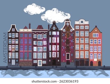 Arquitetura estilo cidade antiga de Amsterdã. Casas de canal coloridas. Holanda viajar fundo. Rua edifício fachadas linha. Cartão de férias romântico.