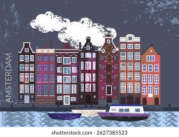 Arquitetura estilo cidade antiga de Amsterdã. Casas de canal coloridas. Holanda viajar fundo. Rua edifício fachadas linha. Cartão de férias romântico.