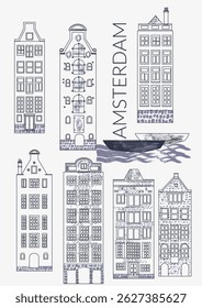Arquitetura estilo cidade antiga de Amsterdã. Conjunto de casas de canal lineart. Holanda viajar fundo. Fachadas de prédios de ruas. Para o cartão de férias romântico.