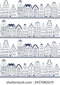 Amsterdam architectural vector illustration. Seamless pattern of Dutch style canal houses. Rows of buildings in Europe silhouette. Town in Holland graphic art for wallpaper, textiles, stationery.
