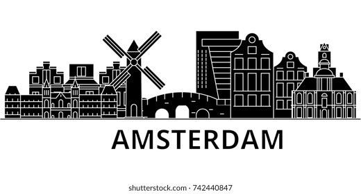 Amsterdam architecture vector city skyline, travel cityscape with landmarks, buildings, isolated sights on background