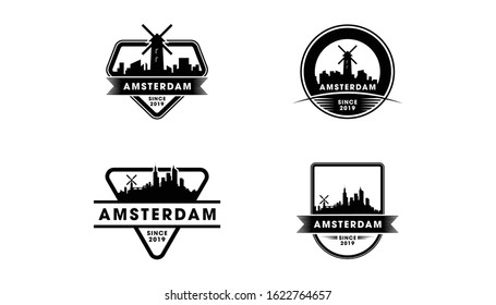 Amsterdam Badge Logo, Amsterdam skyline and landmarks silhouette vector