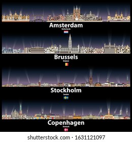 Amsterdam, Brussels, Stockholm and Copenhagen cities vector cityscapes at night with bright lights. Flags of Netherlands, Belgium, Sweden and Denmark