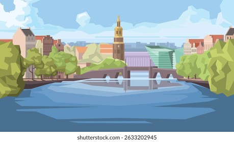 Amsterdam canal with city architecture, trees, and a bridge on a sunny day.