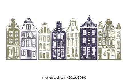 Amsterdam canal houses, Buildings standing in row on white. Hand drawn illustration.	