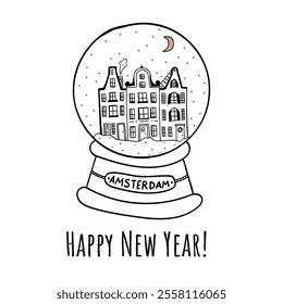 Amsterdam Canal Houses in a Snow ball. Happy New Year postcard design. Netherlands old architecture.