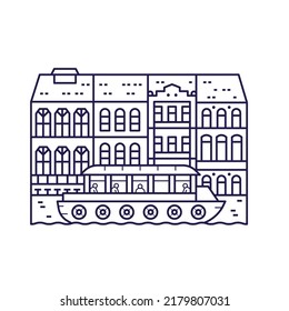 Amsterdam canal houses with tourist boat scene in line art. Europe merchant home facades at Old Town icon.