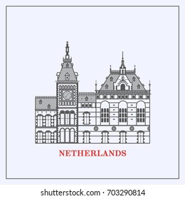 Amsterdam Central Station Clock Tower. Template for tourist guides and books, banners, flyers, graphic and web design.